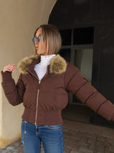 Hooded Fur Trimmed Cotton Puffer Zip Up Cropped Jacket